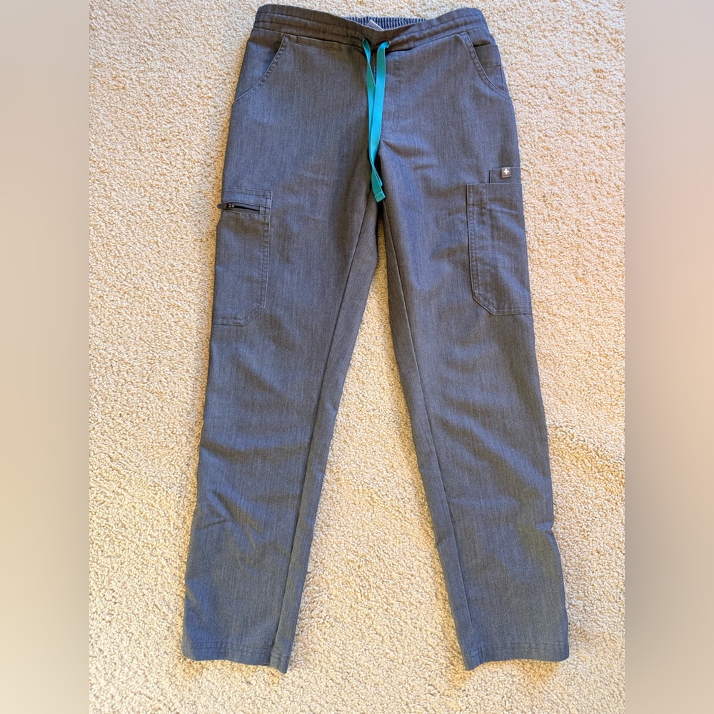 Figs Men's Gray Scrub Pants with Teal Drawstring